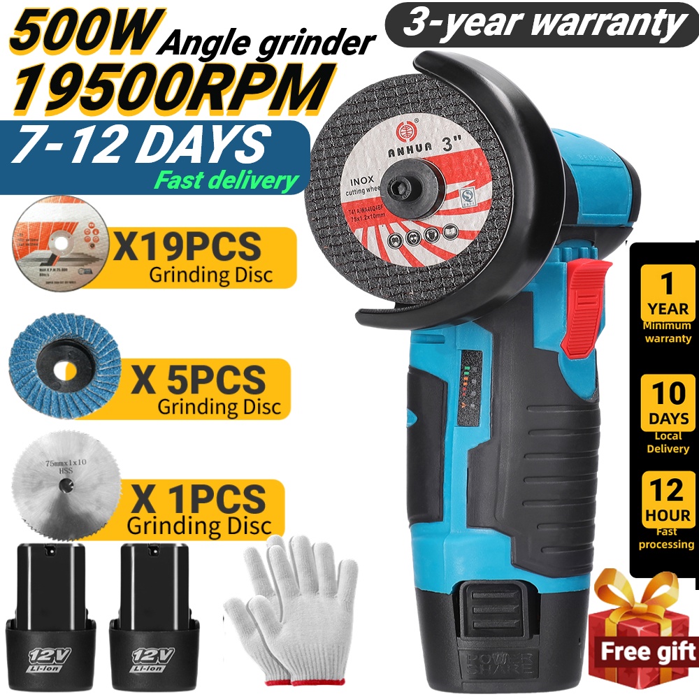 12V Cordless Mini Angle Grinder - 19500RPM Brushless Motor With 2 Batteries & Accessories