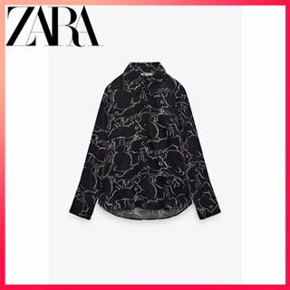 Zara ใหม่ เสื้อเชิ้ต ผ้าไหมซาติน พิมพ์ลาย สําหรับผู้หญิง