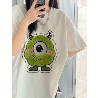 100% cotton cartoon little monster short-sleeved mens t-shirt womens summer loose ins niche plush embroidery couple