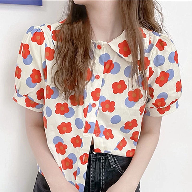 เสื้อเชิ้ตแขนสั้นลายดอกคอตุ๊กตา แขนพอง สไตล์เกาหลี thumbnail 10