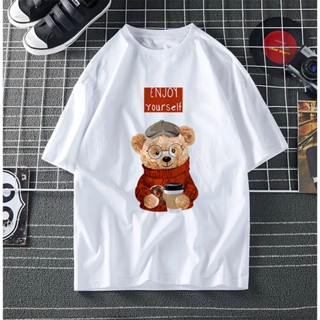 T SHIRT TEDDY BEAR ENJOY YOURSELF COFFEE DONUT TSHIRT WOMEN MEN 100% COTTON BAJU T SHIRT PEREMPUAN LELAKI LENGAN PE_02