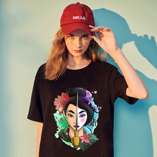 Disney Womens Street Flower Mulan Harajuku Short Sleeve Top Women Mushu Womens Black T-shirt_03