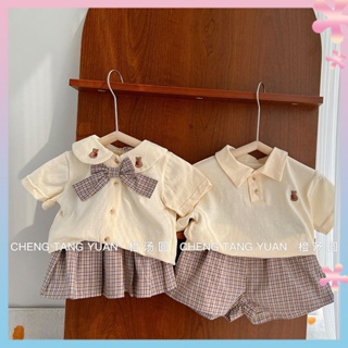 Childrens summer suit for boys and girls Korean style cute college style short-sleeved doll shirt shorts short skirt two-piece set