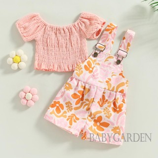 Babygarden-9m-5y Babu ชุดเสื้อผ้าเด็กผู้หญิง เสื้อยืดแขนสั้น จับจีบ + กางเกงขาสั้น ลายดอกไม้