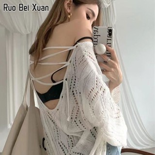 RUO BEI XUAN เสื้อแขนยาวสตรีเซ็กซี่ Backless Knit Street สไตล์เสื้อแขนยาว