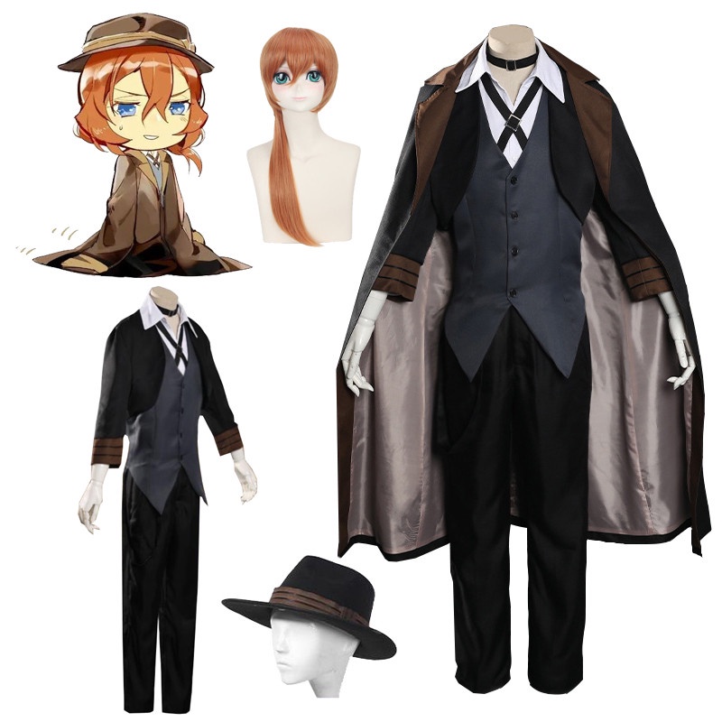 Bungou Stray Dogs ผู้ชาย ผู้หญิง Nakahara Chuuya คอสเพลย์วิกผมหมวกถุงมือกางเกงหญิง Chuya Nakahara ชุดคอสเพลย์