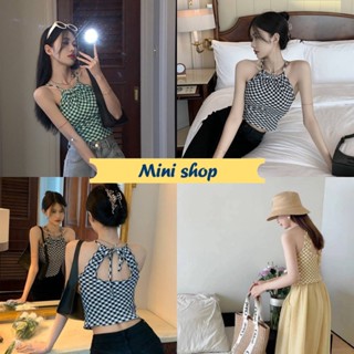 Mini shop🌸พร้อมส่ง🌸 (96135) เสื้อสายเดี่ยวไหมพรม ลายตาราง ดีเมลเว้าหลังเบาๆ เซ็กซี่ปนน่ารัก