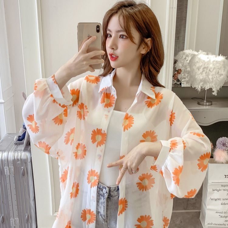 ได้ของเร็ว เสื้อกันแดดผู้หญิงเกาหลี ทรงหลวมผ้าบาง เสื้อเชิ้ตลายดอกเดซี่ฤดูร้อน แขนยาวผู้หญิง - รูปที่ 7