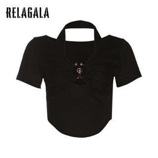 Relagala เสื้อยืดแขนสั้น คอวี เข้ารูป สีพื้น แฟชั่นสําหรับผู้หญิง 2023