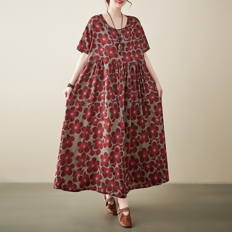 Oladivi ฤดูร้อนแขนสั้นแฟชั่นดอกไม้พิมพ์ชุดโบฮีเมียนผู้หญิงใหม่ลําลองหลวมชุดยาวขนาดใหญ่เสื้อผ้า L XL 