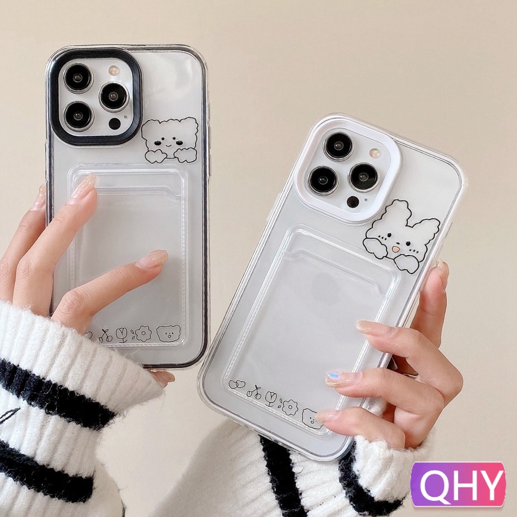 Qhy - เคสโทรศัพท์มือถือแบบใส หนา กันกระแทก ลายการ์ตูนหมี กระต่ายน่ารัก พร้อมช่องใส่บัตร สําหรับ iphone 15 6s 7 8 plus XR 11 12 14 13 pro max 2 in 1