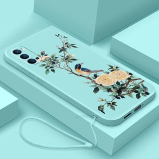 เคสโทรศัพท์มือถือ TPU นิ่ม ขอบตรง ลายดอกไม้ พร้อมสายคล้อง สําหรับ oppo reno 4 reno 5