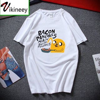 เสื้อยืดผู้ชาย เสื้อยืดแขนสั้น ผ้าฝ้าย พิมพ์ลายแพนเค้ก adventure time jake and finn Bacon สีขาว