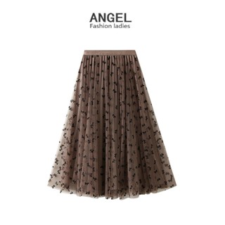 [2 ด้าน] ANGEL แฟชั่นผู้หญิง midi กระโปรงผีเสื้อเย็บปักถักร้อยตาข่ายเกาหลียืดหยุ่นเอวสูง A-line สีดําบางสวิงขนาดใหญ่กระโปรงจีบยาวสําหรับผู้หญิง