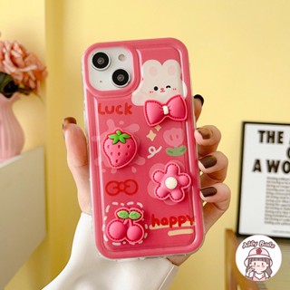 เคสโทรศัพท์มือถือแบบนิ่ม TPU ใส กันกระแทก กันเหงื่อ ลายกระต่าย สตรอเบอร์รี่ 3D สีชมพู สําหรับ IPhone 14 Pro Max 13 12 11 Pro Max