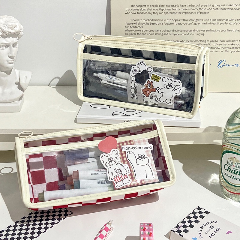 กระเป๋าดินสอ ลายหมากรุก ขนาดใหญ่ จุของได้เยอะ สีโปร่งใส