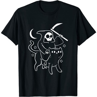 เสื้อยืดครอปกระหน่ํา เสื้อยืดลําลอง แขนสั้น พิมพ์ลาย Grim Reaper Ride Satan Cat Demonic Evil Devil Occult สไตล์วินเ_01