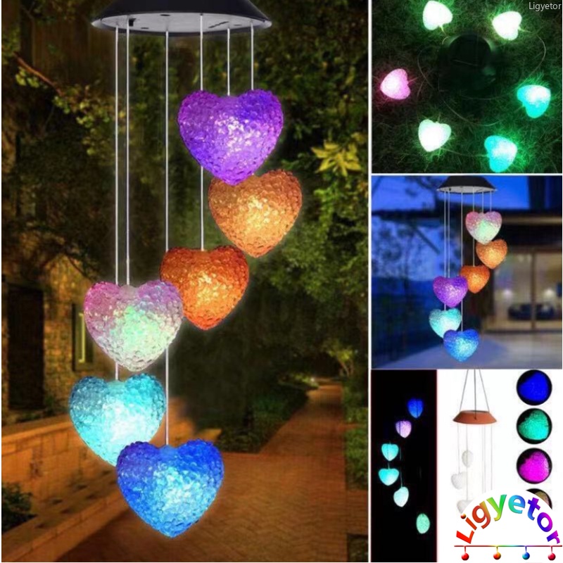 Ligyetor พลังงานแสงอาทิตย์หัวใจกระดิ่งลมไฟเปลี่ยนสี Love Chime โคมไฟ LED จี้สําหรับบ้านกลางแจ้งในร่ม Patio Yard ตกแต่งสวนกันน้ําแขวน