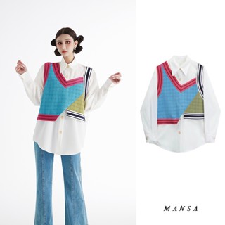 MANSA oversized white paneled shirt เสื้อเกาหลี เสื้อโอเวอร์ไซส์ เสื้อเชิ้ต