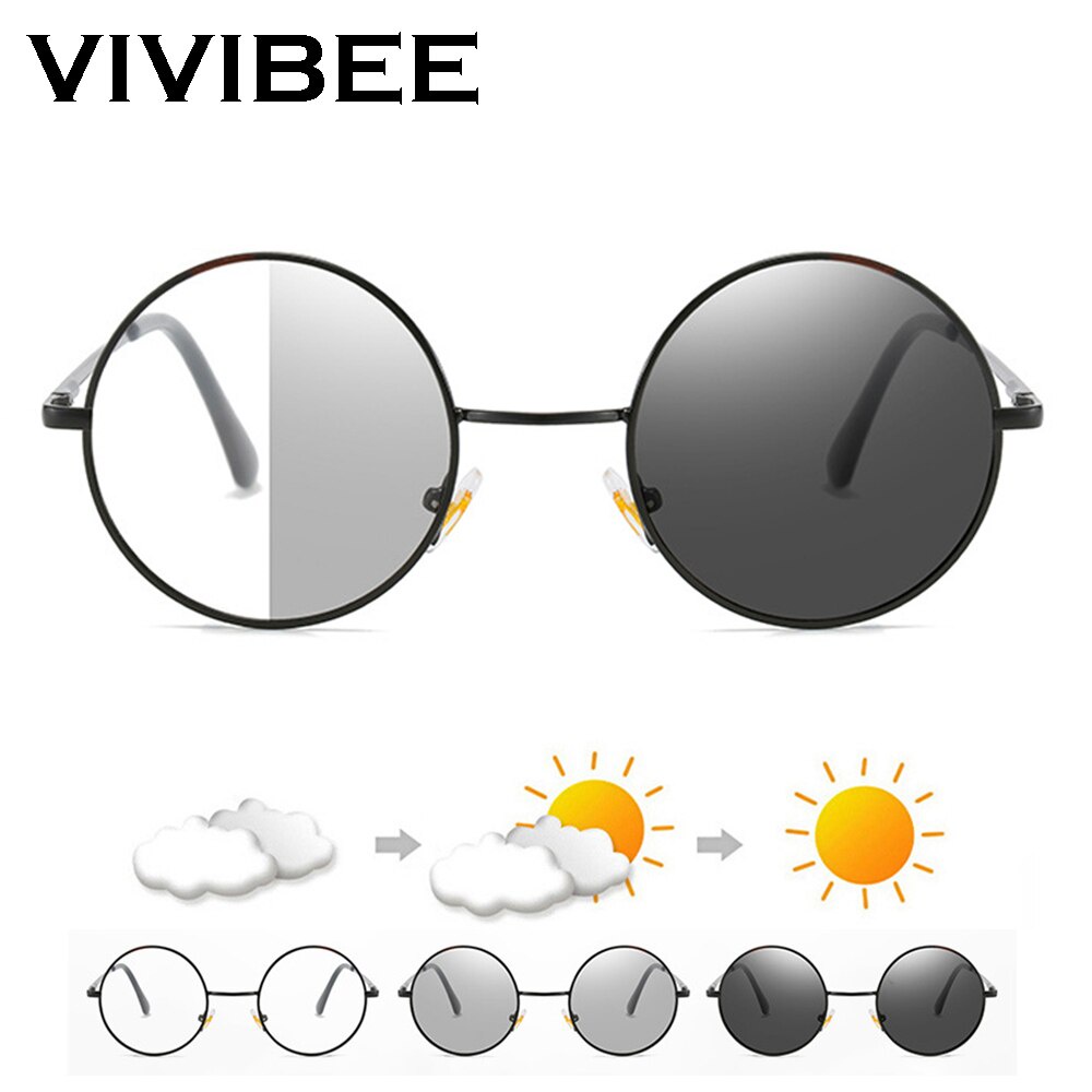 91c โลหะสีดำ Photochromic รอบ Mens Blue Light Blocking แว่นตา Retro UV400ป้องกัน Anti Glare แว่นตากันแดดคอมพิ w7b