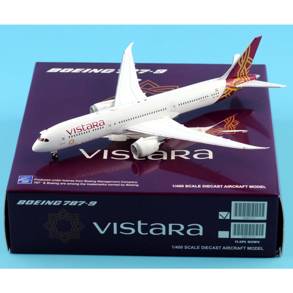 XX4251 เครื่องบินสะสมโลหะผสม JC Wings 1:400 Vistara Airlines "Dreamliner" โบอิ้ง B787-9 เครื่องบินหล