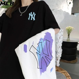 เสื้อยืด ผ้าฝ้ายแท้ ปักลายโลโก้ MLB NY ของแท้ สําหรับผู้ชาย และผู้หญิง