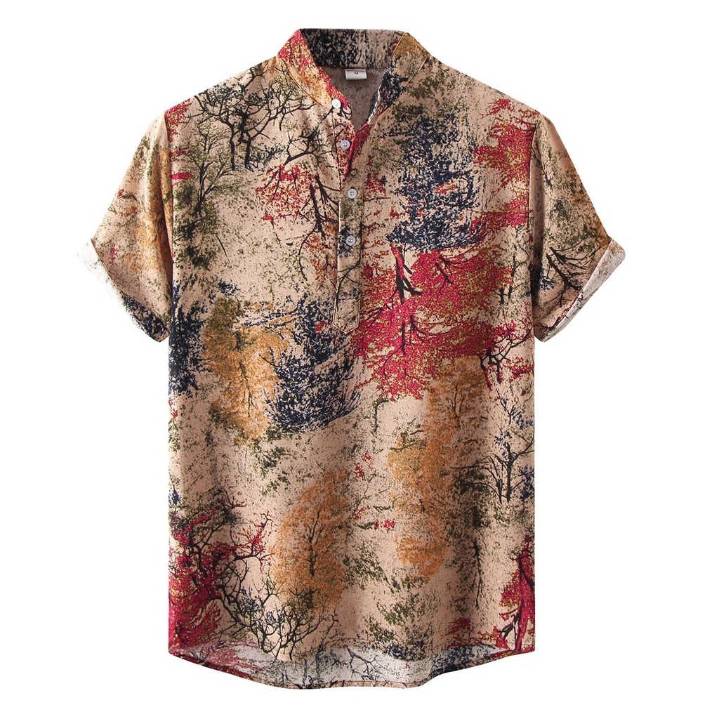 เสื้อเชิ้ตคอตั้งผ้าลินินและคอตตอนลายดอกสไตล์ย้อนยุคสำหรับผู้ชายไซส์ใหญ่ กระดุมครึ่งเม็ด เสื้อโปโลแขนสั้นสไตล์ฮาวายสำหรับหน้าร้อนริมชายหาด