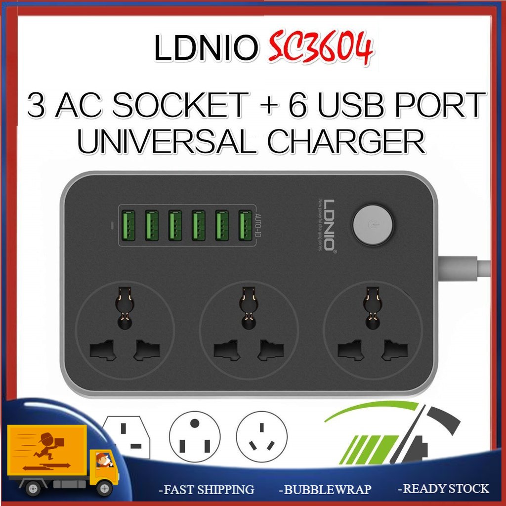 LDNIO SC3604 - ปลั๊กไฟ 3.4A พร้อม FUSE + 6 USB Charger UK Plug Adapter