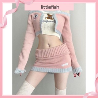 [littlefish] ชุดเสื้อคาร์ดิแกน กระโปรงถัก สามชิ้น สไตล์เกาหลี เหมาะกับฤดูใบไม้ผลิ สําหรับเด็กผู้หญิง