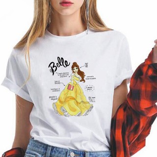 [100% Cotton]เสื้อยืด พิมพ์ลาย Disney Youth Beauty And The Beast สีขาว สไตล์เรโทร สําหรับผู้หญิง_01