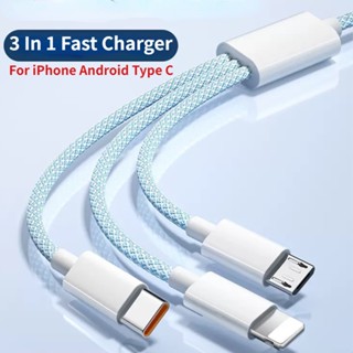 3 in 1 สายเคเบิลข้อมูล แบบถัก มาการอง  สายชาร์จเร็วพิเศษ Micro USB Type-C อุปกรณ์เสริมโทรศัพท์มือถือ Android for iphone