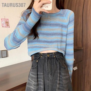 Taurus307 เสื้อสเวตเตอร์น่ารักแขนยาวคอกลมสีย้อนยุคหวานลายทางเสื้อสเวตเตอร์สั้นแบบสบาย ๆ