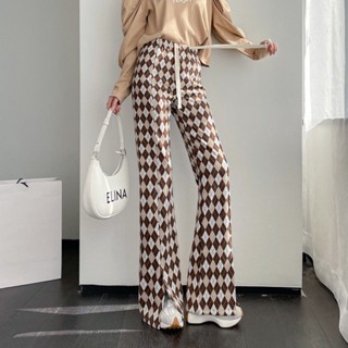 Retro diamond-shaped pants womens high-waisted flared mopping pants look thin checkerboard slit pants