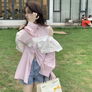 เสื้อเชิ้ตแขนยาว เปิดไหล่ ทรงหลวม ลายทาง สีชมพู แฟชั่นฤดูใบไม้ผลิ สําหรับผู้หญิง