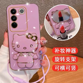 ใหม่ พร้อมส่ง เคสโทรศัพท์มือถือ กันกระแทก พร้อมกระจกแต่งหน้า และสายคล้องข้อมือ ลายแมว KT แฟชั่น สําหรับ VIVO V29 5G X90 Pro V295G 2023