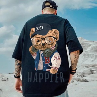 แฟชั่น👕 เสื้อเชิ้ตลายกราฟิกสไตล์เกาหลี Ins สำหรับผู้ชาย หมีมีความสุข พิมพ์ฮิปฮอป ลำลอง เสื้อโอเวอร์ไซส์ เสื้อยืดคู่