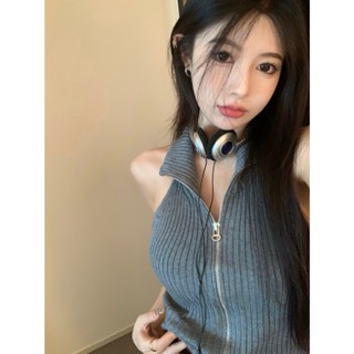 622971 เสื้อสายเดี่ยวแขนกุด คอเต่า ผ้าถัก แต่งซิป สีเทา สําหรับผู้หญิง