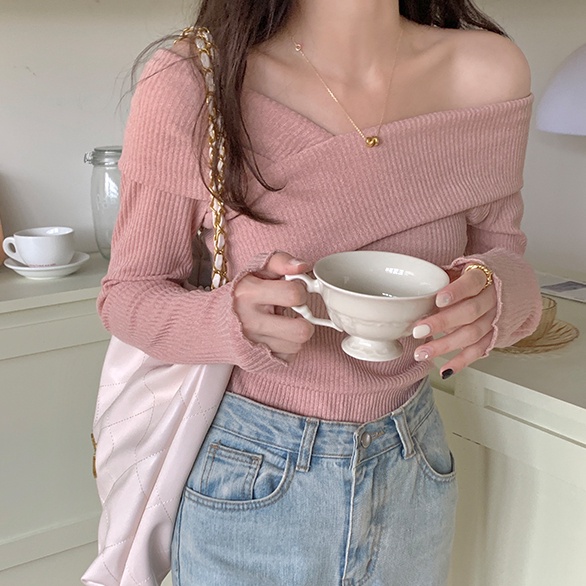 Suxi เสื้อแขนยาว เปิดไหล่ข้างเดียว ผ้าถัก สีพื้น เรียบง่าย แฟชั่นฤดูใบไม้ผลิ - รูปที่ 3