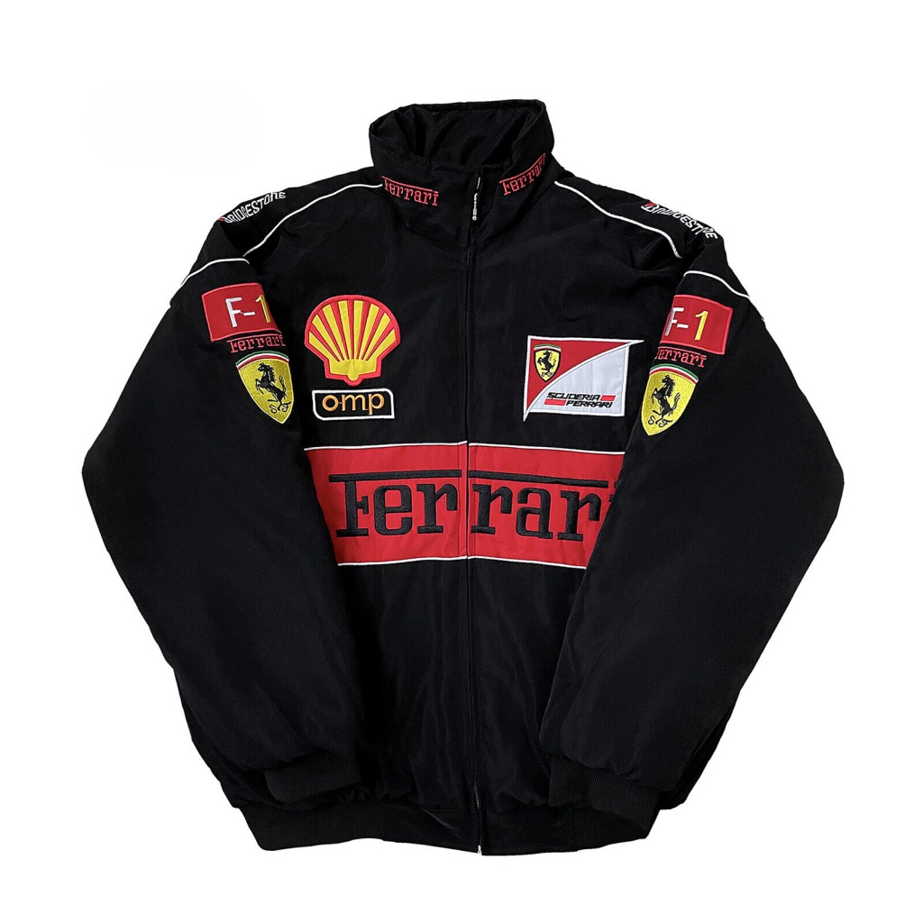 F1 เสื้อแจ็กเก็ตแขนยาว ผ้าฝ้าย ปักลาย Ferrari Team สีดํา แฟชั่นฤดูใบไม้ร่วง และฤดูหนาว สไตล์เรโทร สําหรับแข่งรถจักรยานยนต์