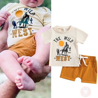 Laa6- เสื้อยืดแขนสั้น ลายกราฟฟิค และกางเกง สไตล์ตะวันตก สําหรับเด็กผู้ชาย