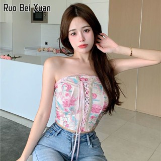 RUO BEI XUAN เสื้อเกาะอกสตรี 2023 ใหม่แฟชั่นลายดอกไม้สั้นเสื้อเกาะอกเซ็กซี่