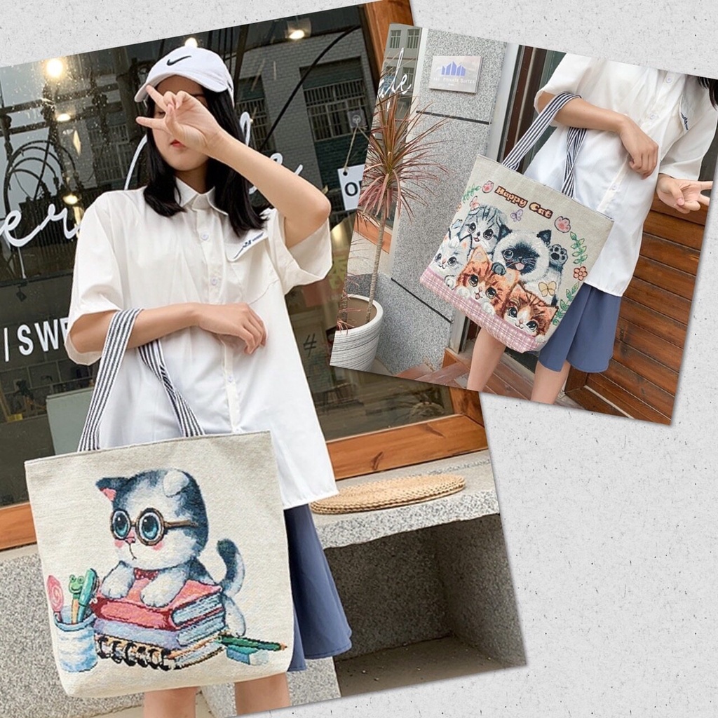 🎀 กระเป๋าถือ ผ้าลายแมว ใบใหญ่ มีซิป ถุงช้อปปิ้ง มีหูหิ้ว แข็งแรง 🎀 - รูปที่ 5