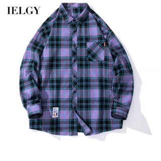 IELGY เสื้อเชิ้ต ลายสก๊อต สไตล์เกาหลี สําหรับผู้ชาย