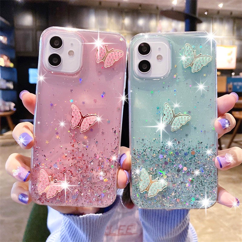 เคสโทรศัพท์มือถือ ลายผีเสื้อ ดาว กลิตเตอร์ สําหรับ Samsung S24 Plus S23 FE S24 Ultra A15 A25 A35 A55 A05 A05s 5G