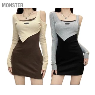 MONSTER ชุดเดรส Bodycon ไหล่เย็นแขนยาวยืดหยุ่นยืดเข้ารูปชุดเดรสสำหรับออกเดท