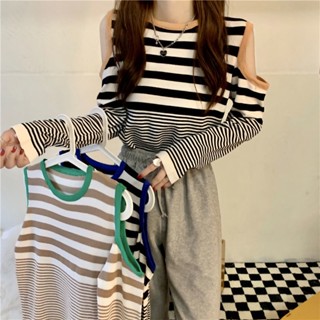 ▩●❈เสื้อถักฤดูใบไม้ผลิและฤดูใบไม้ร่วงใหม่ของผู้หญิงรุ่นยอดนิยมหลวมและบางลายปิดไหล่แขนยาวขี้เกียจเสื้อยืด