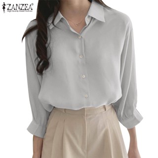 Zanzea เสื้อเชิ้ต คอปก แขน 3/4 สีพื้น สไตล์เกาหลี สําหรับผู้หญิง