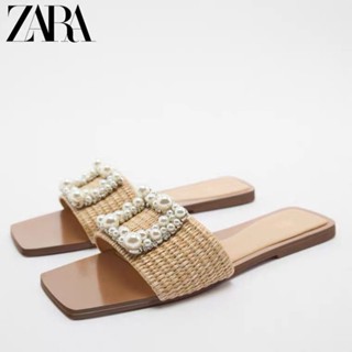 Zara รองเท้าแตะ ส้นแบน ประดับไข่มุก เข้ากับทุกการแต่งกาย แฟชั่นฤดูร้อน สําหรับผู้หญิง 2022