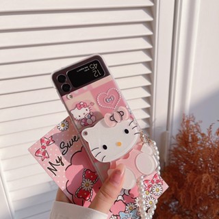 เคสโทรศัพท์มือถือ แบบฝาพับกระจก ลายแมว KT สีชมพู สําหรับ Samsung Galaxy Z Flip 3 Z Flip 5G Z Plip 3 Z Flip 4 W23 Fold 3 Fold 4