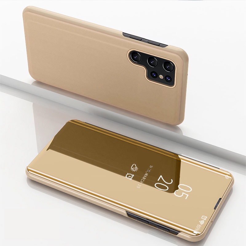 เคสโทรศัพท์มือถือแบบกระจกใส ฝาพับ ป้องกันรอย ตั้งได้ สําหรับ Samsung Galaxy S23 S22 Plus Ultra Smart